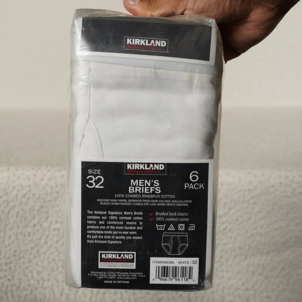 Kirkland Signature Mid-Rise Briefs 6-Pack Mens 32 White Combed Cotton Underwear